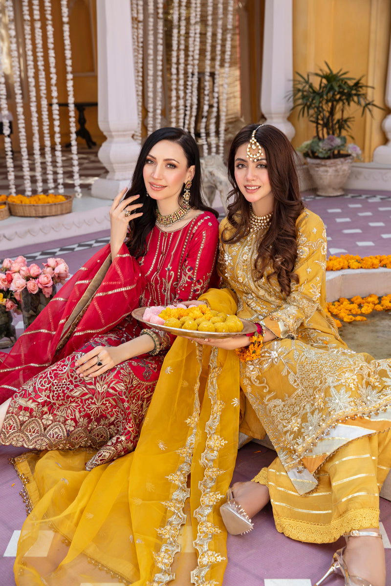 Khusiyan Wedding Edition Ladies Mustard Designer 3 Piece Suit - Desi Posh
