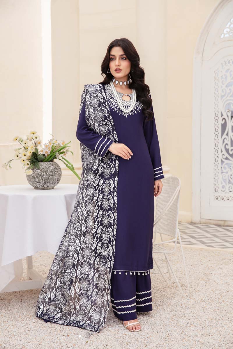 Desi Posh Pastels Mirror Embroidered suit Navy With Net Dupatta - Desi Posh