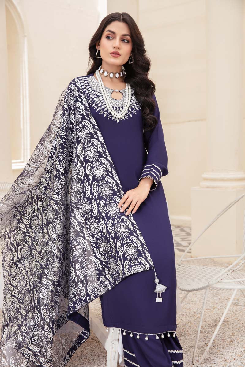 Desi Posh Pastels Mirror Embroidered suit Navy With Net Dupatta - Desi Posh