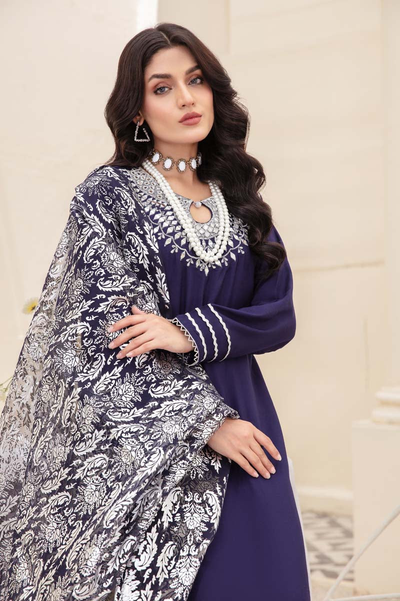 Desi Posh Pastels Mirror Embroidered suit Navy With Net Dupatta - Desi Posh