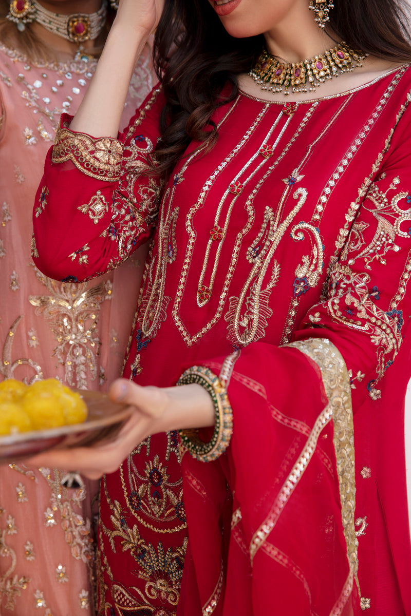 Khusiyan Wedding Edition Ladies Deep Red Designer 3 Piece Suit - Desi Posh