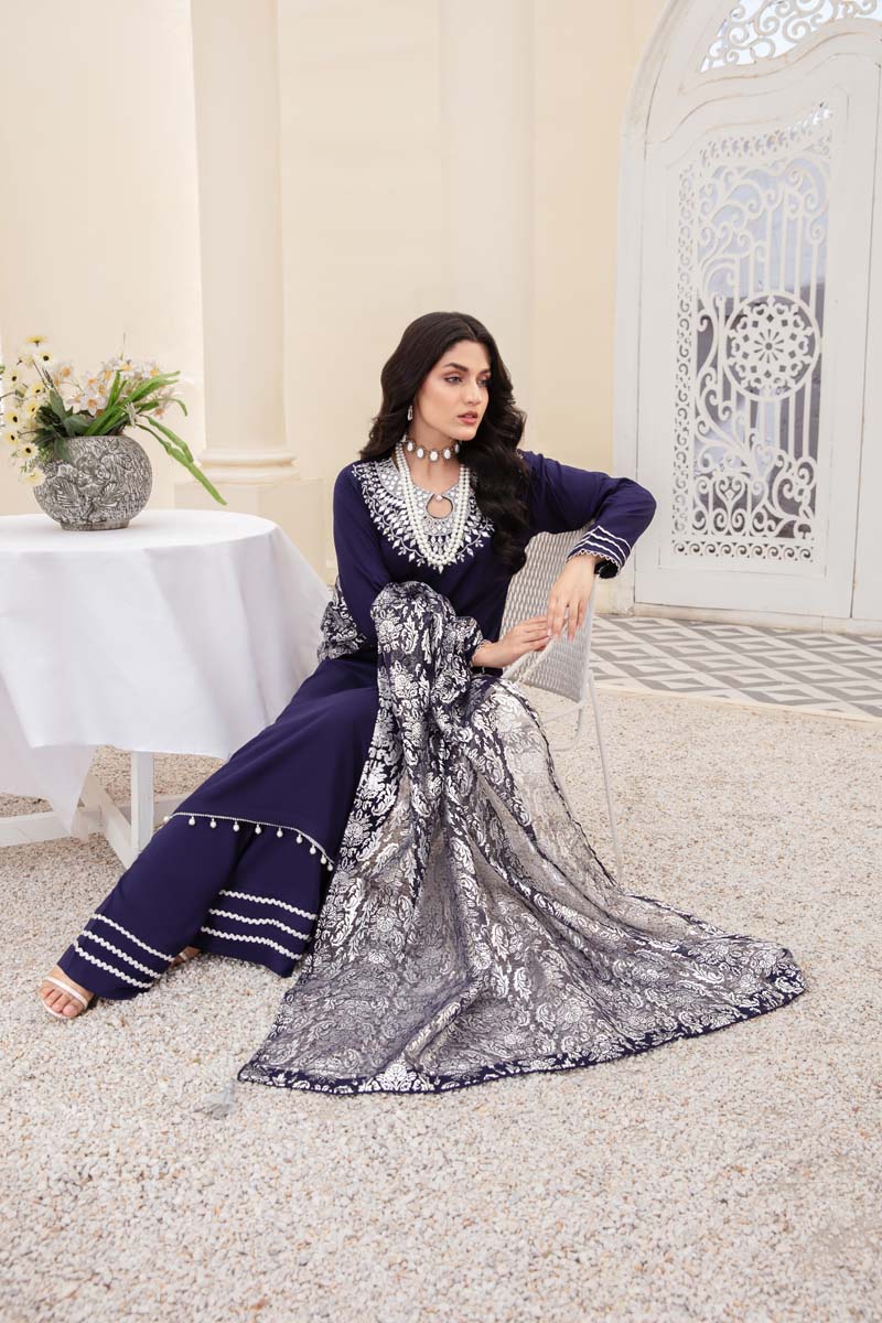 Desi Posh Pastels Mirror Embroidered suit Navy With Net Dupatta - Desi Posh