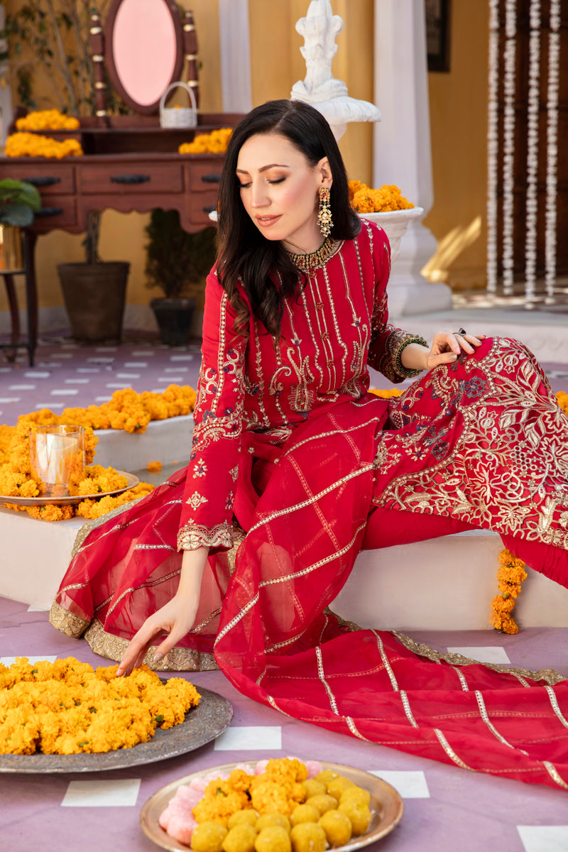 Khusiyan Wedding Edition Ladies Deep Red Designer 3 Piece Suit - Desi Posh