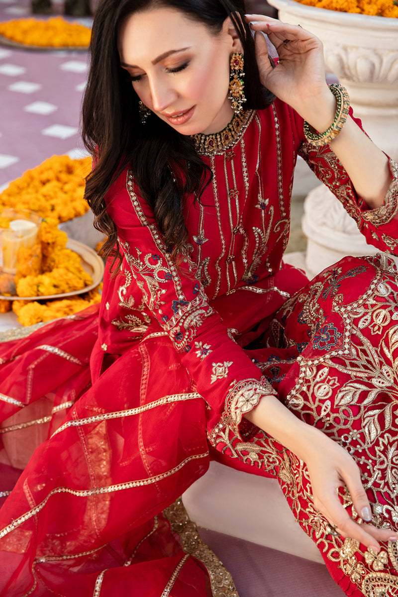 Khusiyan Wedding Edition Ladies Deep Red Designer 3 Piece Suit - Desi Posh