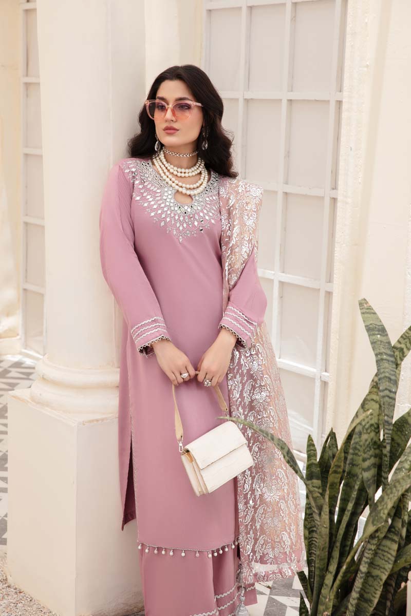 Desi Posh Pastels Mirror Embroidered suit Lilac Pink With Net Dupatta - Desi Posh