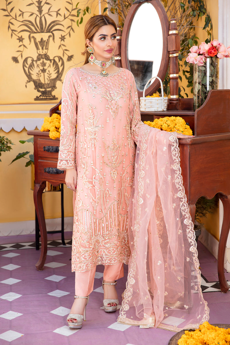 Khusiyan Wedding Edition Ladies Peach Designer 3 Piece Suit - Desi Posh