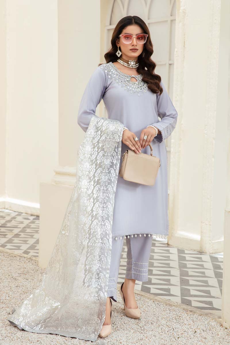 Desi Posh Pastels Mirror Embroidered suit Silver With Net Dupatta - Desi Posh