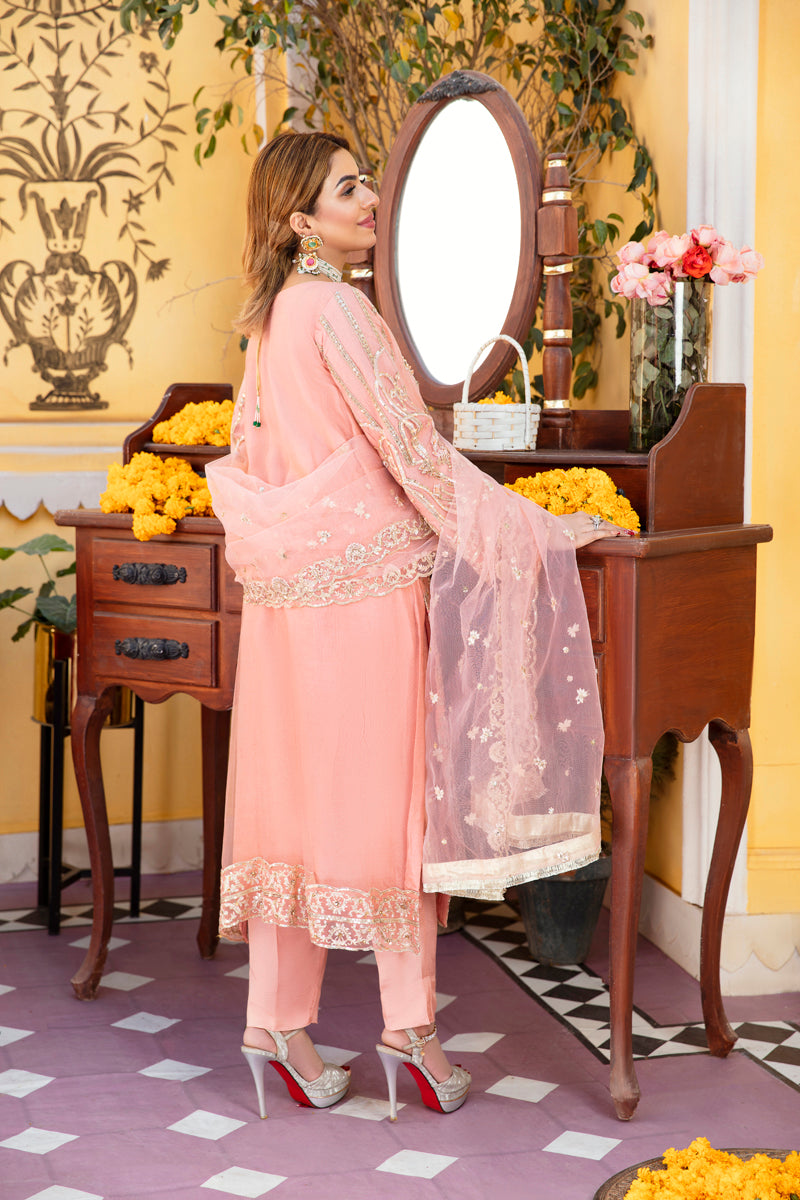 Khusiyan Wedding Edition Ladies Peach Designer 3 Piece Suit - Desi Posh