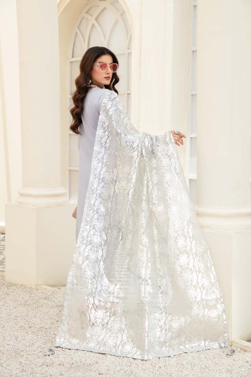 Desi Posh Pastels Mirror Embroidered suit Silver With Net Dupatta - Desi Posh