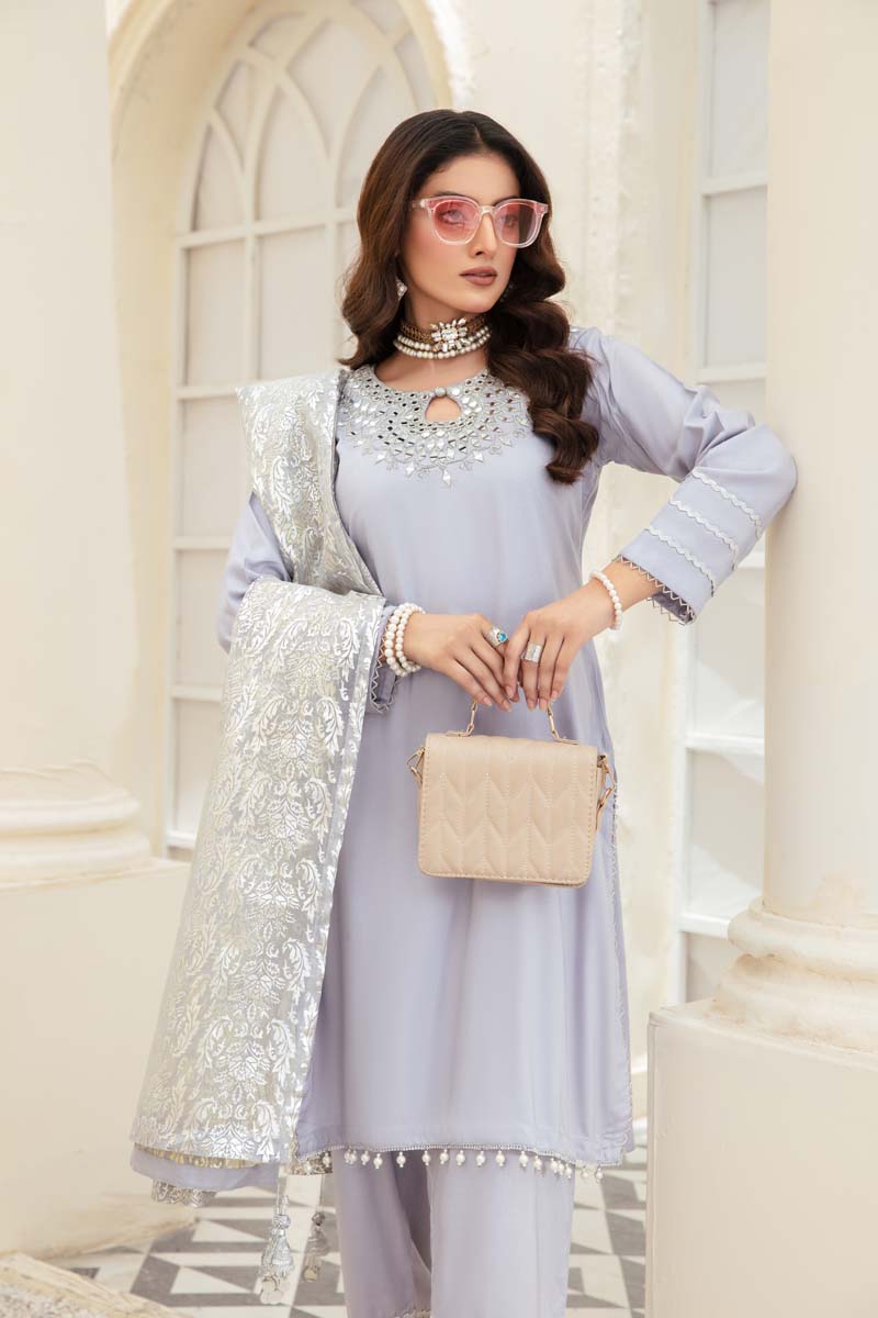 Desi Posh Pastels Mirror Embroidered suit Silver With Net Dupatta - Desi Posh