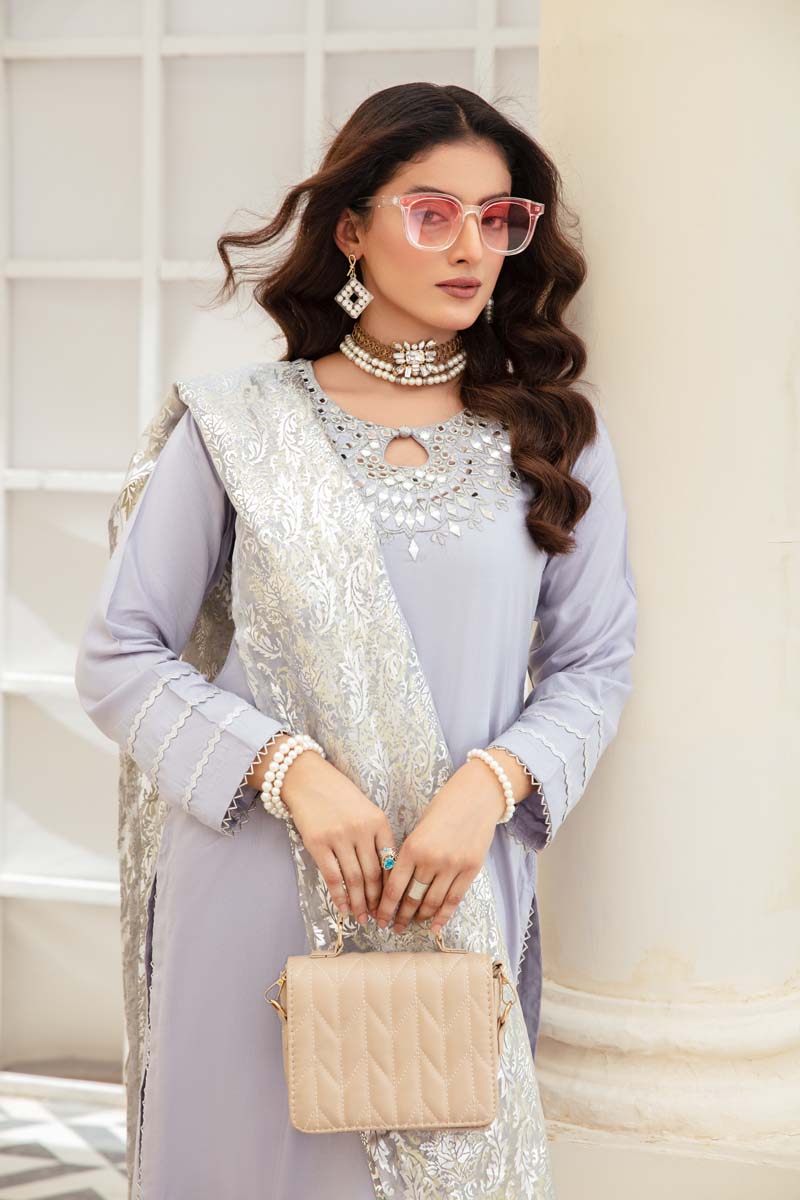 Desi Posh Pastels Mirror Embroidered suit Silver With Net Dupatta - Desi Posh