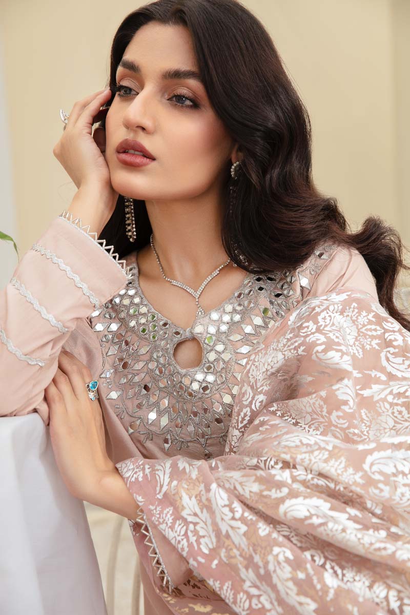 Desi Posh Pastels Mirror Embroidered suit Light Peach With Net Dupatta - Desi Posh