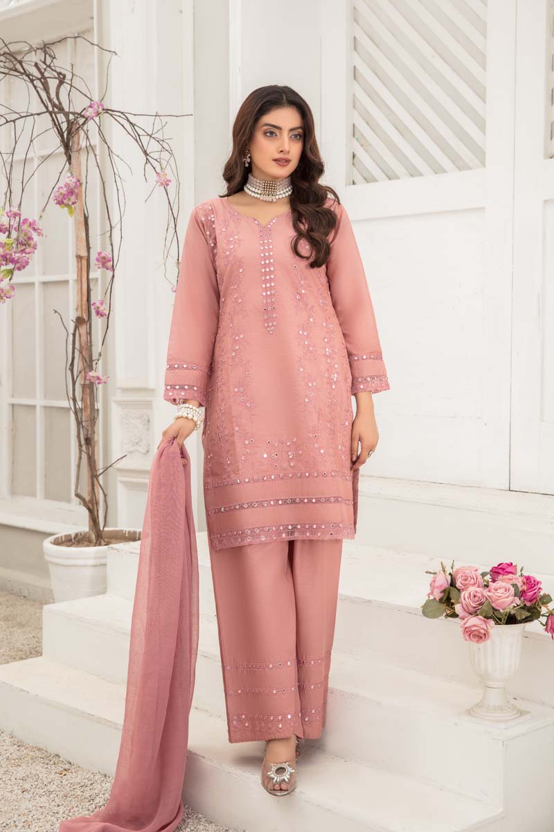 Soraya 3 Piece Short Kameez Embroidered Dusty Pink Palazzo Suit 908 - Desi Posh