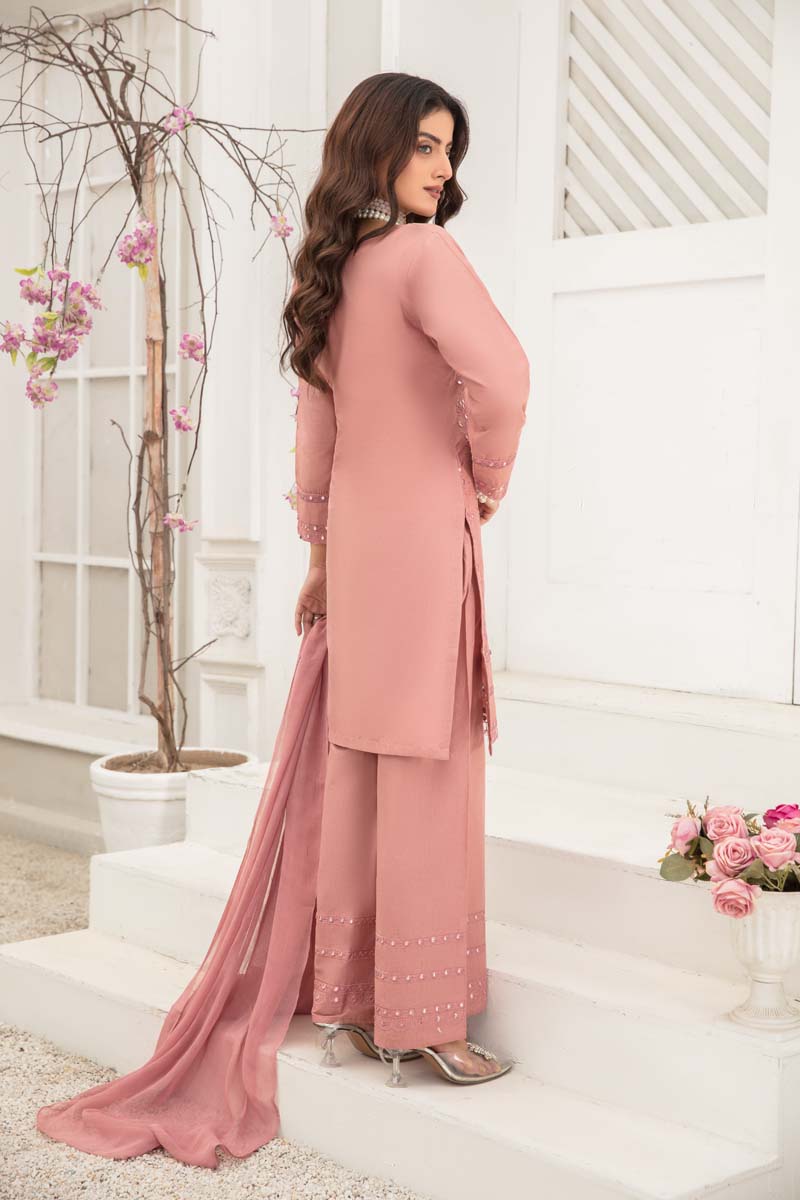 Soraya 3 Piece Short Kameez Embroidered Dusty Pink Palazzo Suit 908 - Desi Posh