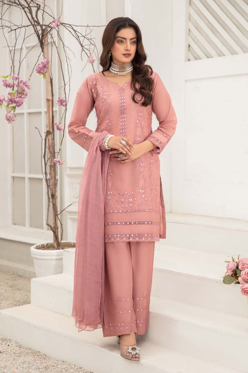 Soraya 3 Piece Short Kameez Embroidered Dusty Pink Palazzo Suit 908 - Desi Posh