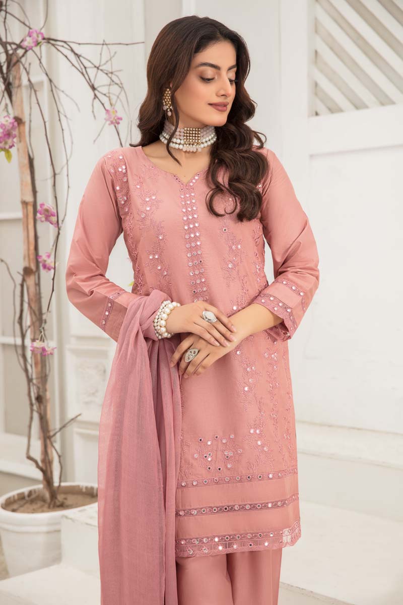Soraya 3 Piece Short Kameez Embroidered Dusty Pink Palazzo Suit 908 - Desi Posh