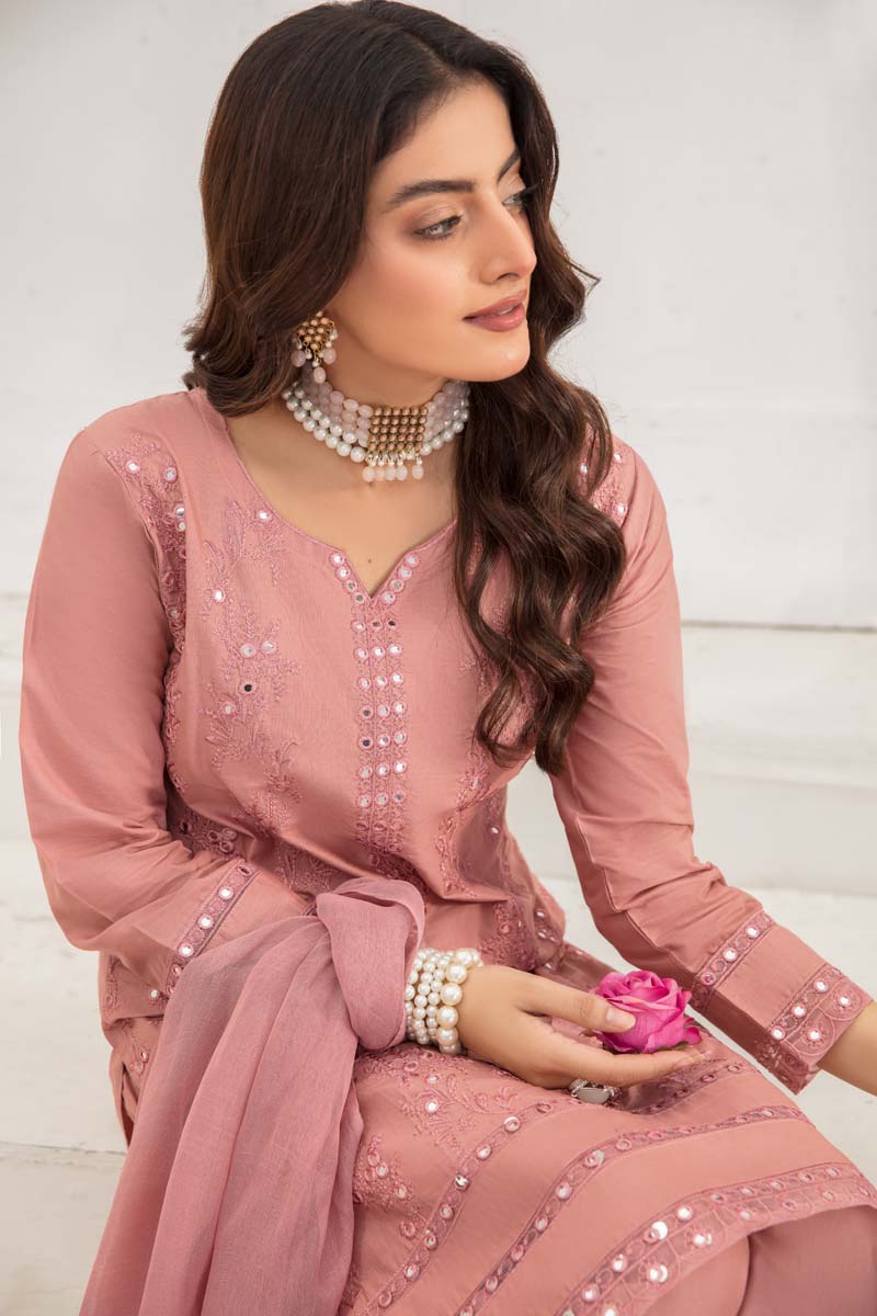 Soraya 3 Piece Short Kameez Embroidered Dusty Pink Palazzo Suit 908 - Desi Posh