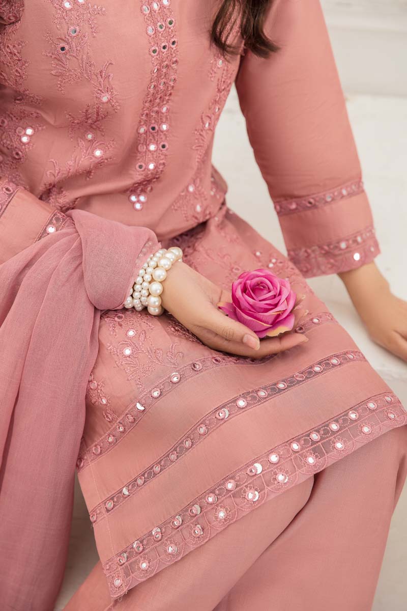 Soraya 3 Piece Short Kameez Embroidered Dusty Pink Palazzo Suit 908 - Desi Posh