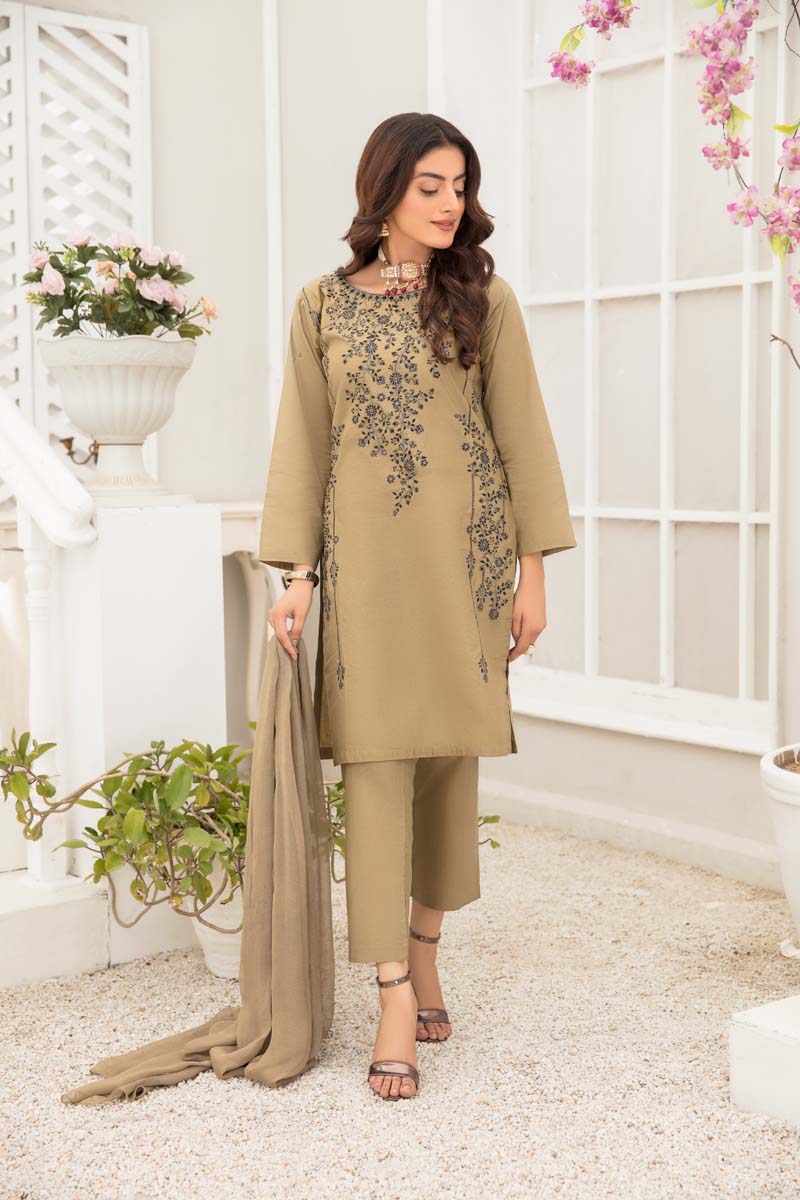 Soraya 3 Piece Short Kameez Embroidered Khaki Suit 899 - Desi Posh