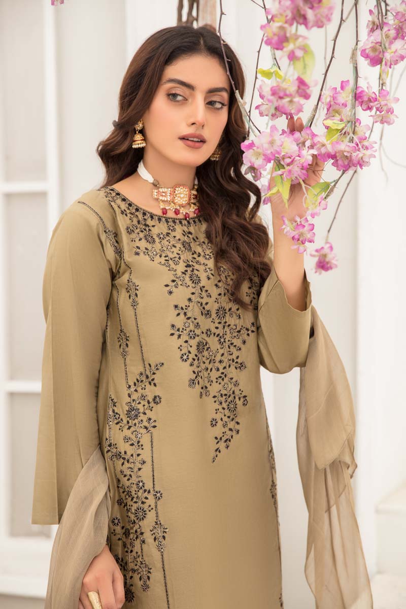 Soraya 3 Piece Short Kameez Embroidered Khaki Suit 899 - Desi Posh