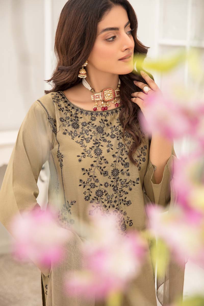 Soraya 3 Piece Short Kameez Embroidered Khaki Suit 899 - Desi Posh