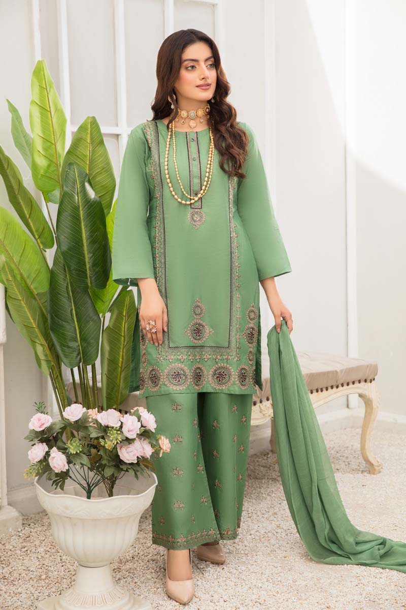 Soraya 3 Piece Short Kameez Embroidered Green Palazzo Suit 823 - Desi Posh