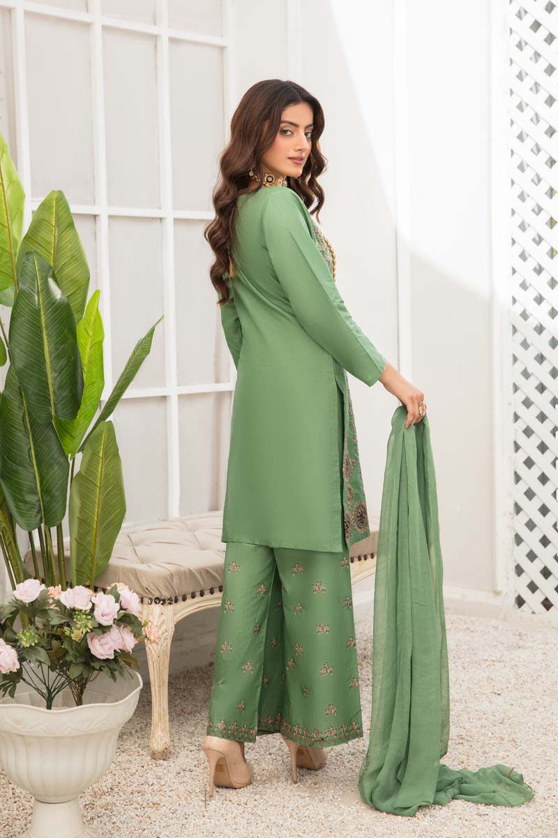 Soraya 3 Piece Short Kameez Embroidered Green Palazzo Suit 823 - Desi Posh