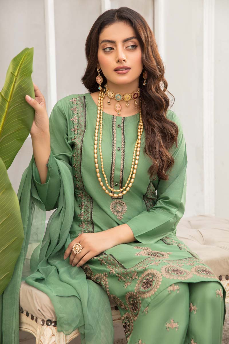 Soraya 3 Piece Short Kameez Embroidered Green Palazzo Suit 823 - Desi Posh