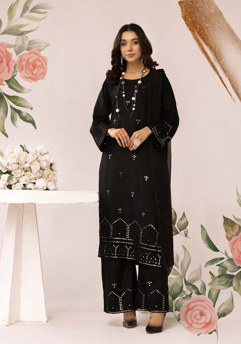 Soraya 3 Piece Long Kameez Black Embroidered Palazzo Suit - Desi Posh