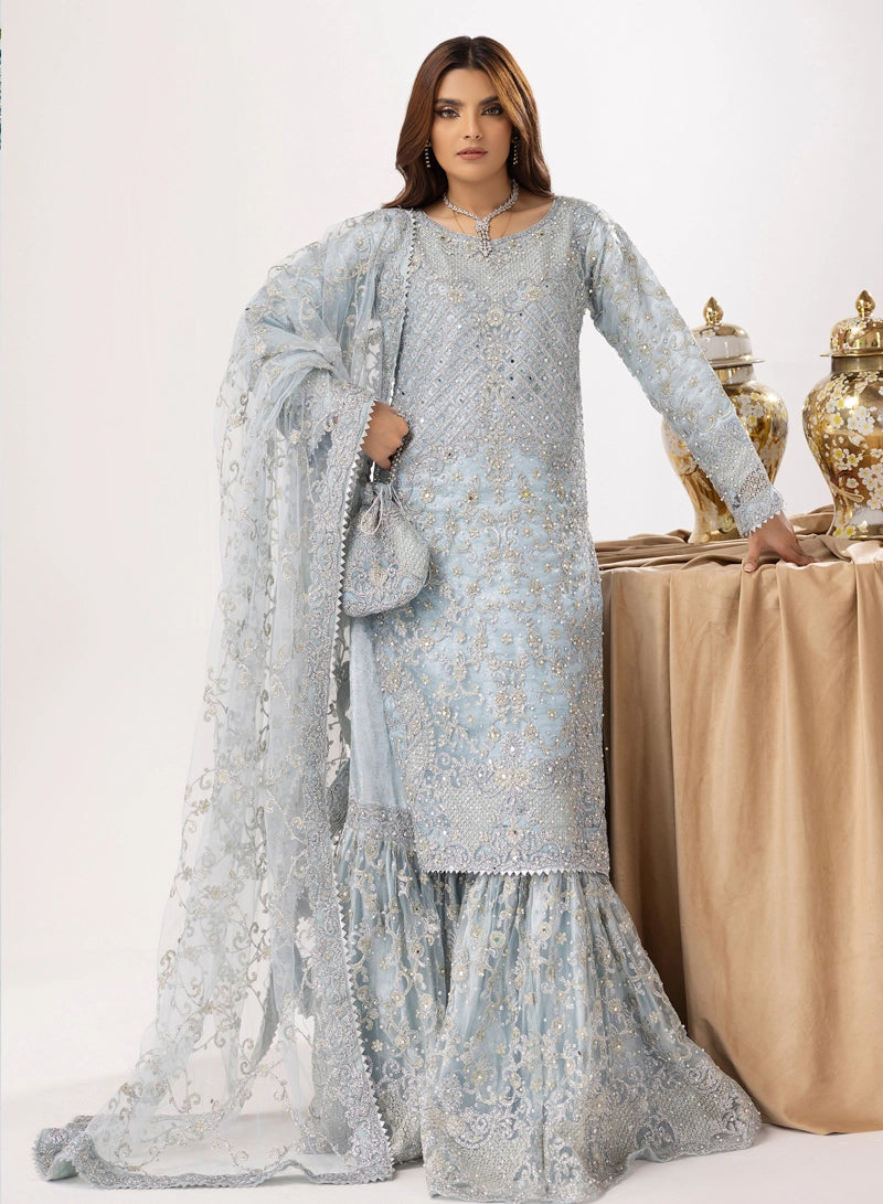 Elegance Ladies Fully Embroidered Wedding Farshi Gharara Oufit Ice Blue