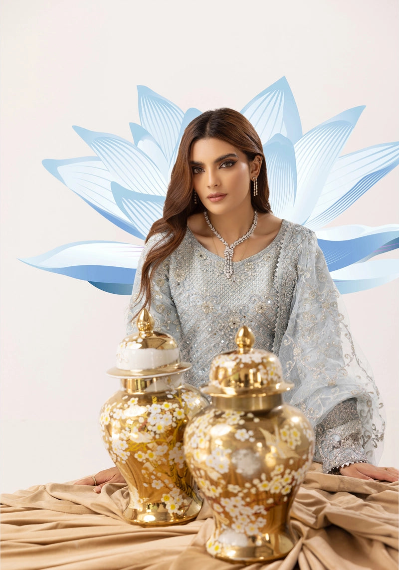 Elegance Ladies Fully Embroidered Wedding Farshi Gharara Oufit Ice Blue
