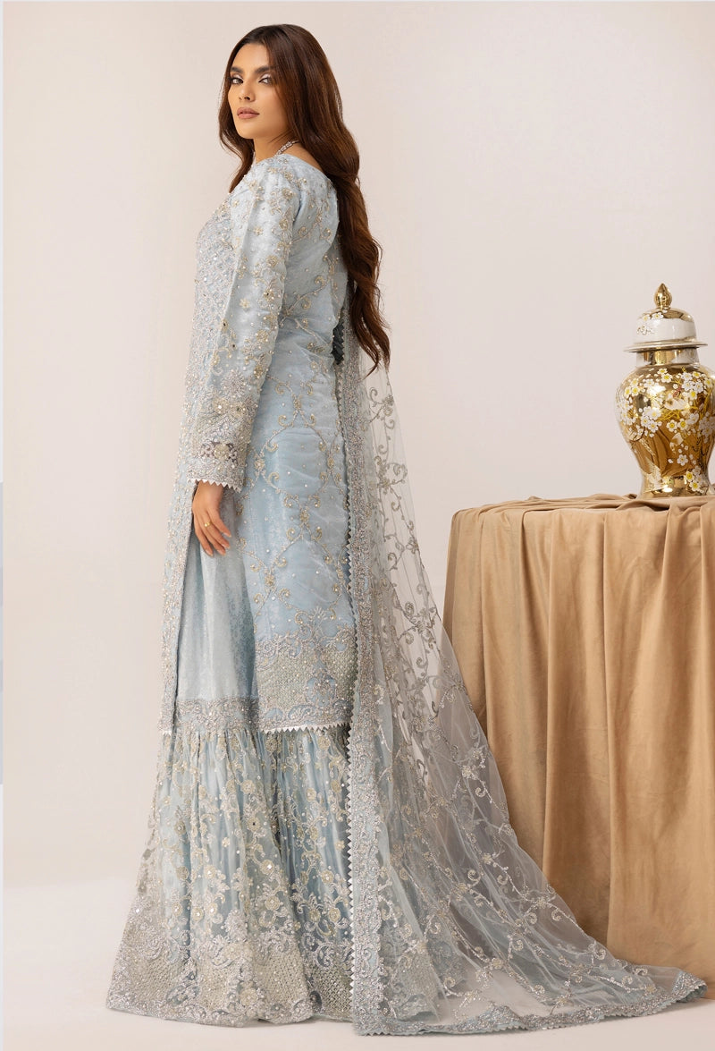 Elegance Ladies Fully Embroidered Wedding Farshi Gharara Oufit Ice Blue