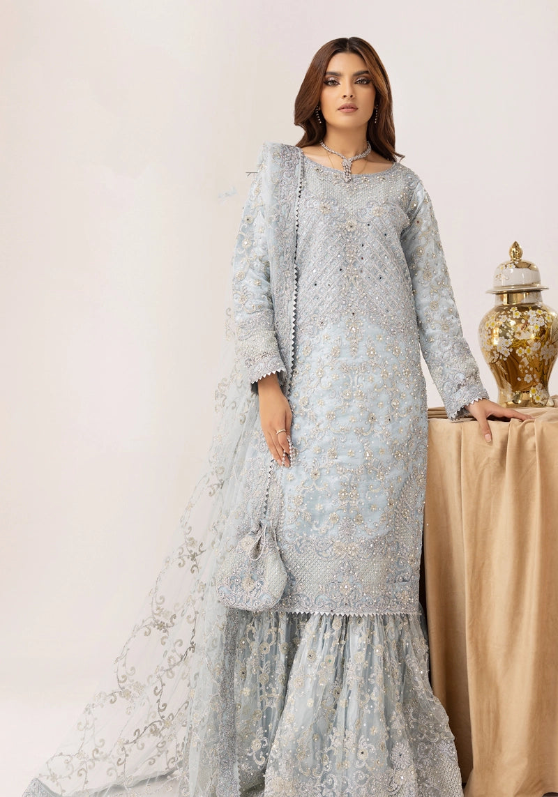Elegance Ladies Fully Embroidered Wedding Farshi Gharara Oufit Ice Blue