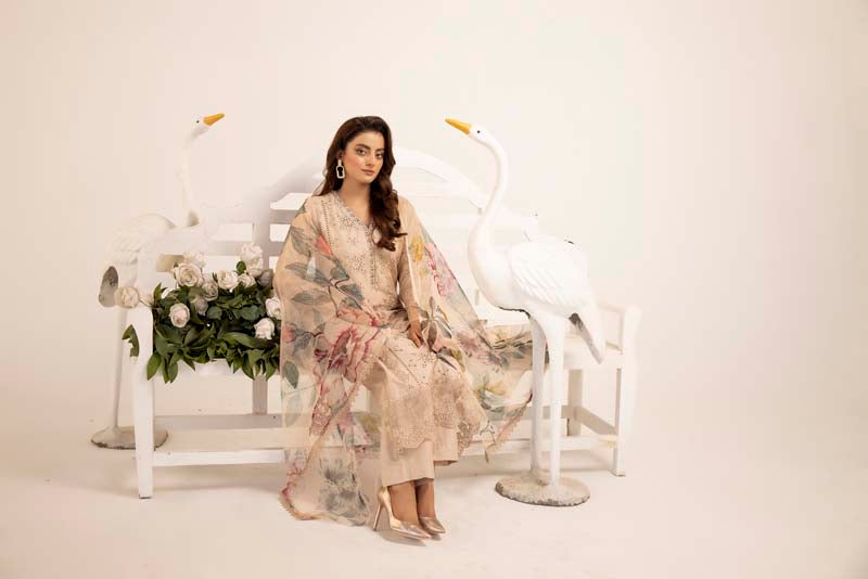 Sana Safinaz Inspired Ladies Beige Chikan Kari Mummy & Me Eid Outfit - Desi Posh