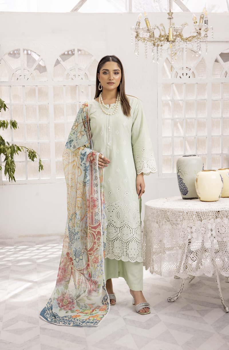 Image Chikan Kari Luxe 3 Piece Cotton Summer Outfit Green - Desi Posh