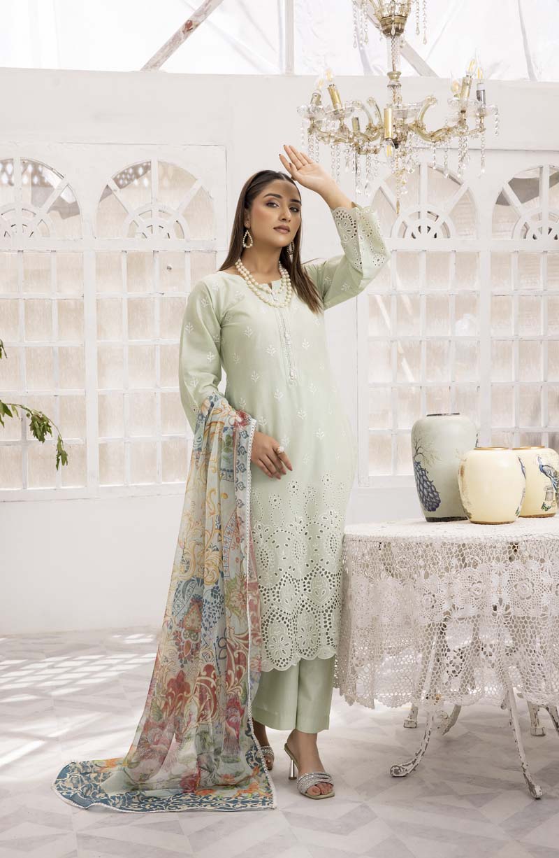 Image Chikan Kari Luxe 3 Piece Cotton Summer Outfit Green - Desi Posh