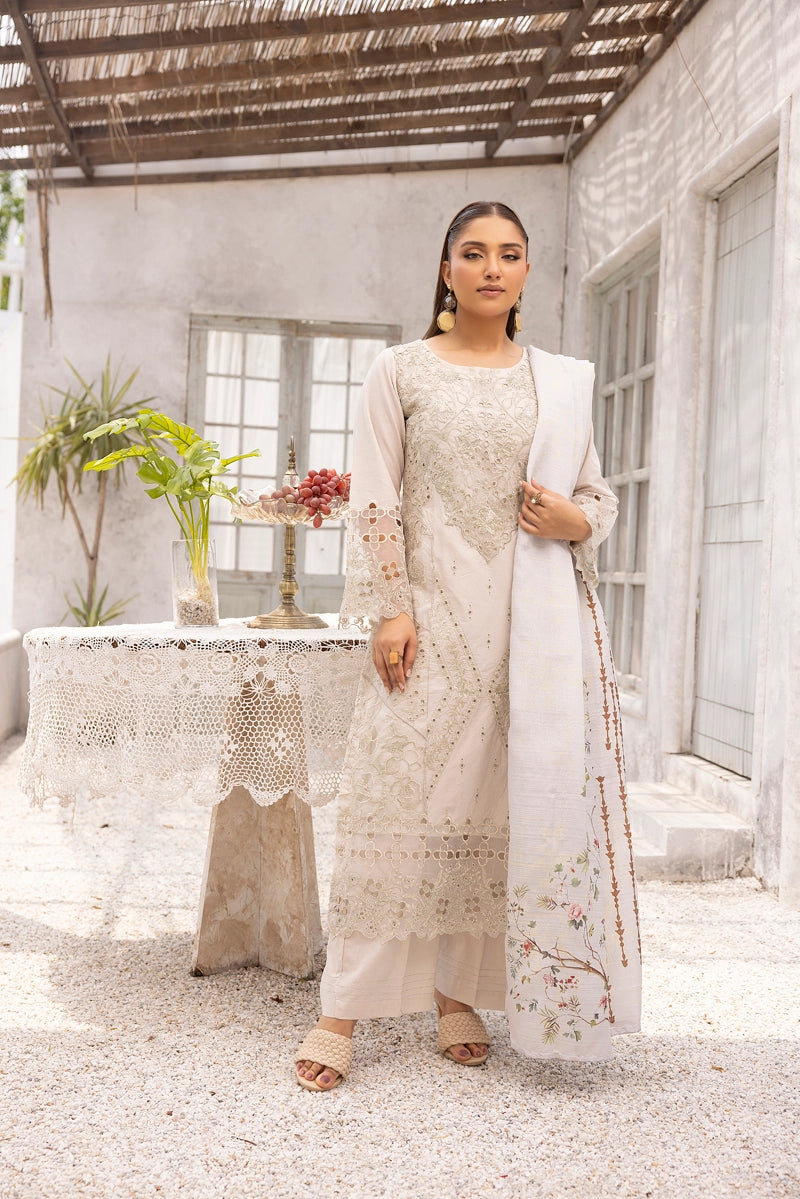 Dania Chikan Kari Luxe 3 Piece Lawn Palazzo Outfit Beige - Desi Posh
