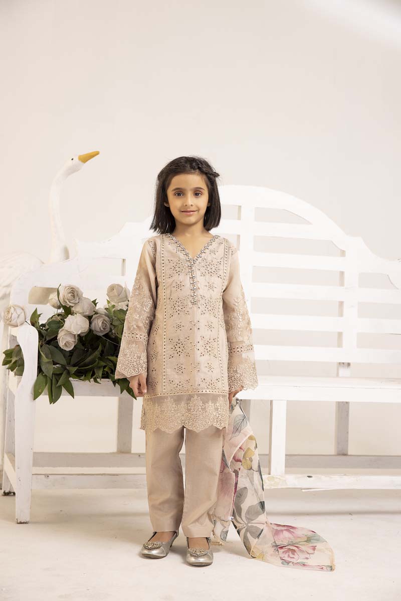 Sana Safinaz Inspired Girls Beige Chikan Kari Mummy & Me Eid Outfit - Desi Posh