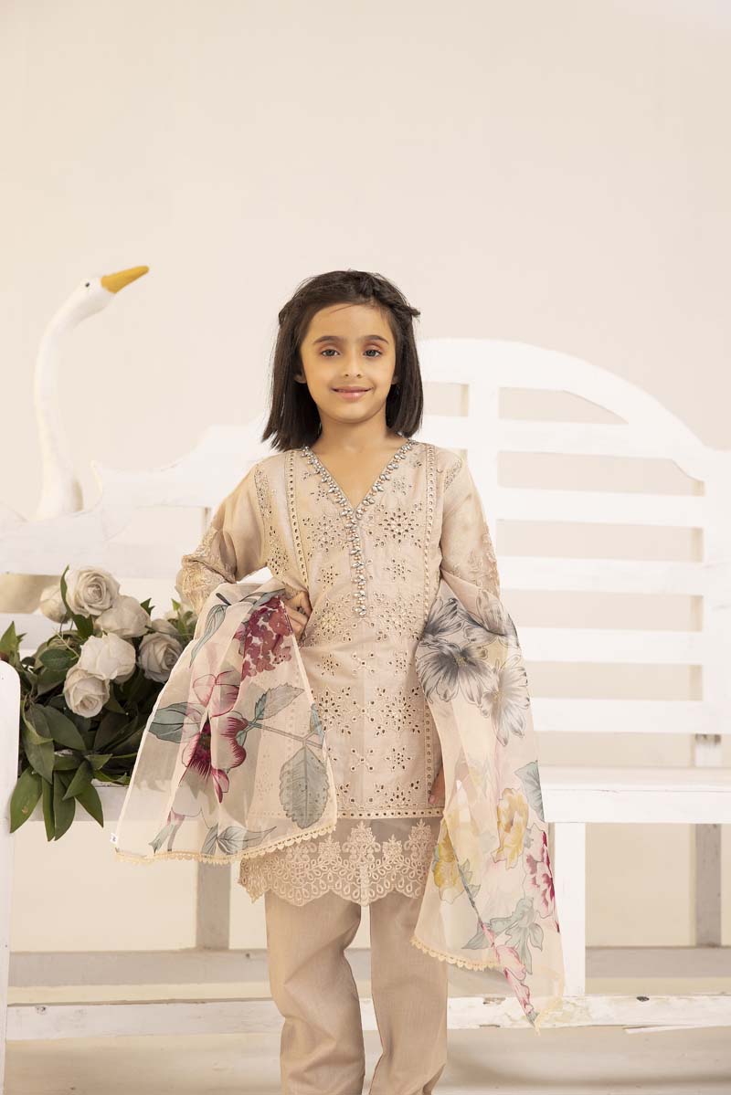 Sana Safinaz Inspired Girls Beige Chikan Kari Mummy & Me Eid Outfit - Desi Posh