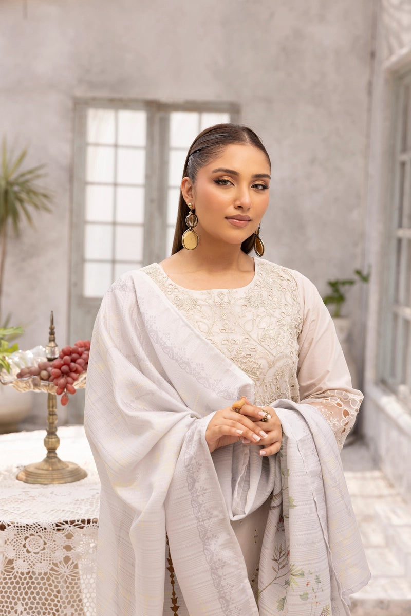 Dania Chikan Kari Luxe 3 Piece Lawn Palazzo Outfit Beige - Desi Posh
