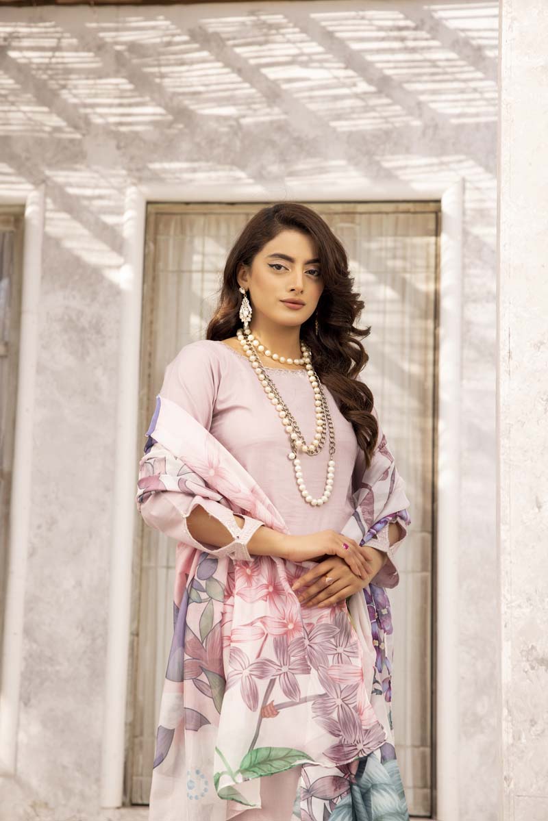 Nakhra 3 Piece Lilac Suit with Digital Print Silk Dupatta MNZ05 - Desi Posh