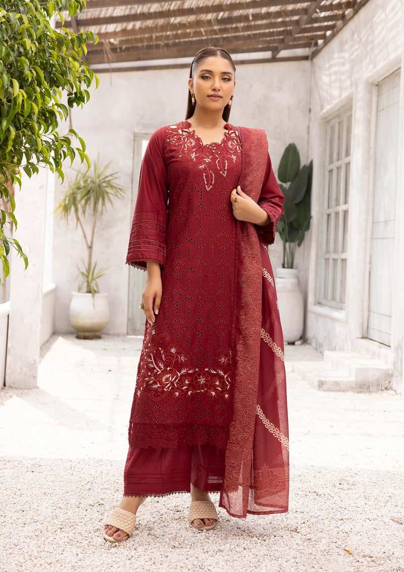 Dania Chikan Kari Luxe 3 Piece Lawn Palazzo Outfit Maroon - Desi Posh