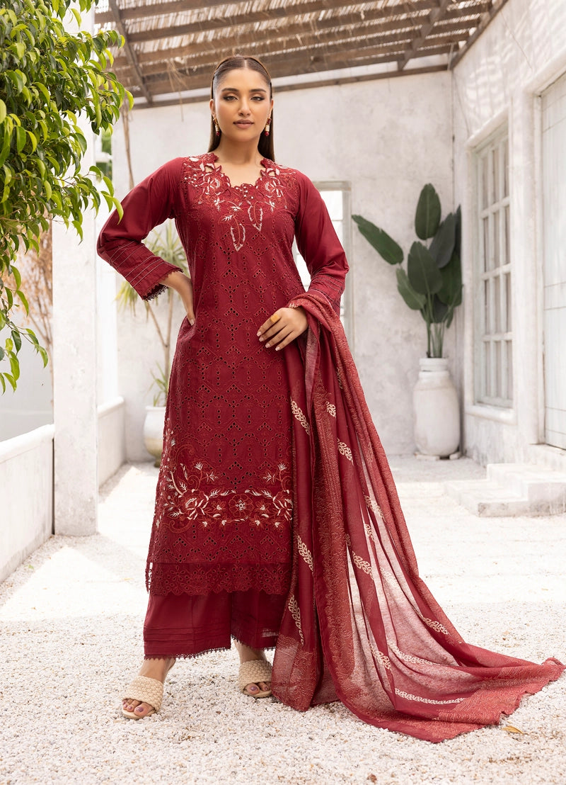 Dania Chikan Kari Luxe 3 Piece Lawn Palazzo Outfit Maroon - Desi Posh