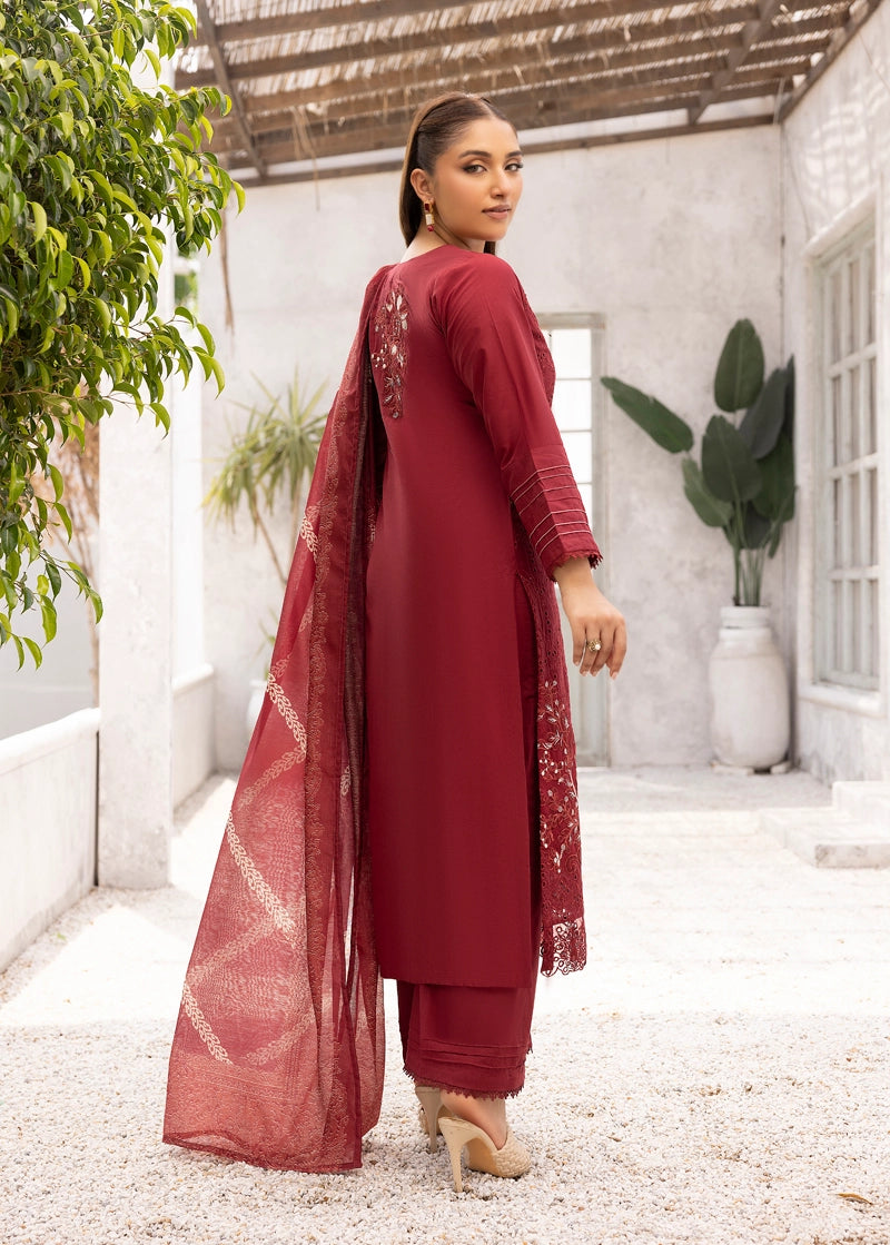 Dania Chikan Kari Luxe 3 Piece Lawn Palazzo Outfit Maroon - Desi Posh