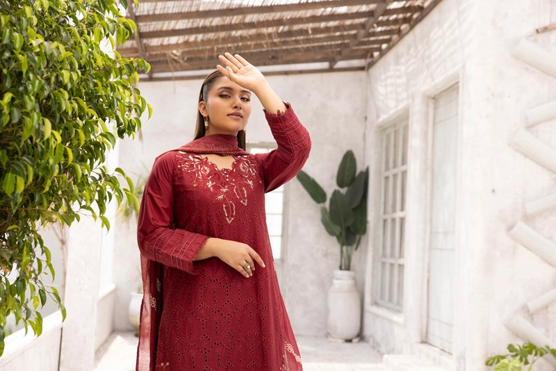 Dania Chikan Kari Luxe 3 Piece Lawn Palazzo Outfit Maroon - Desi Posh
