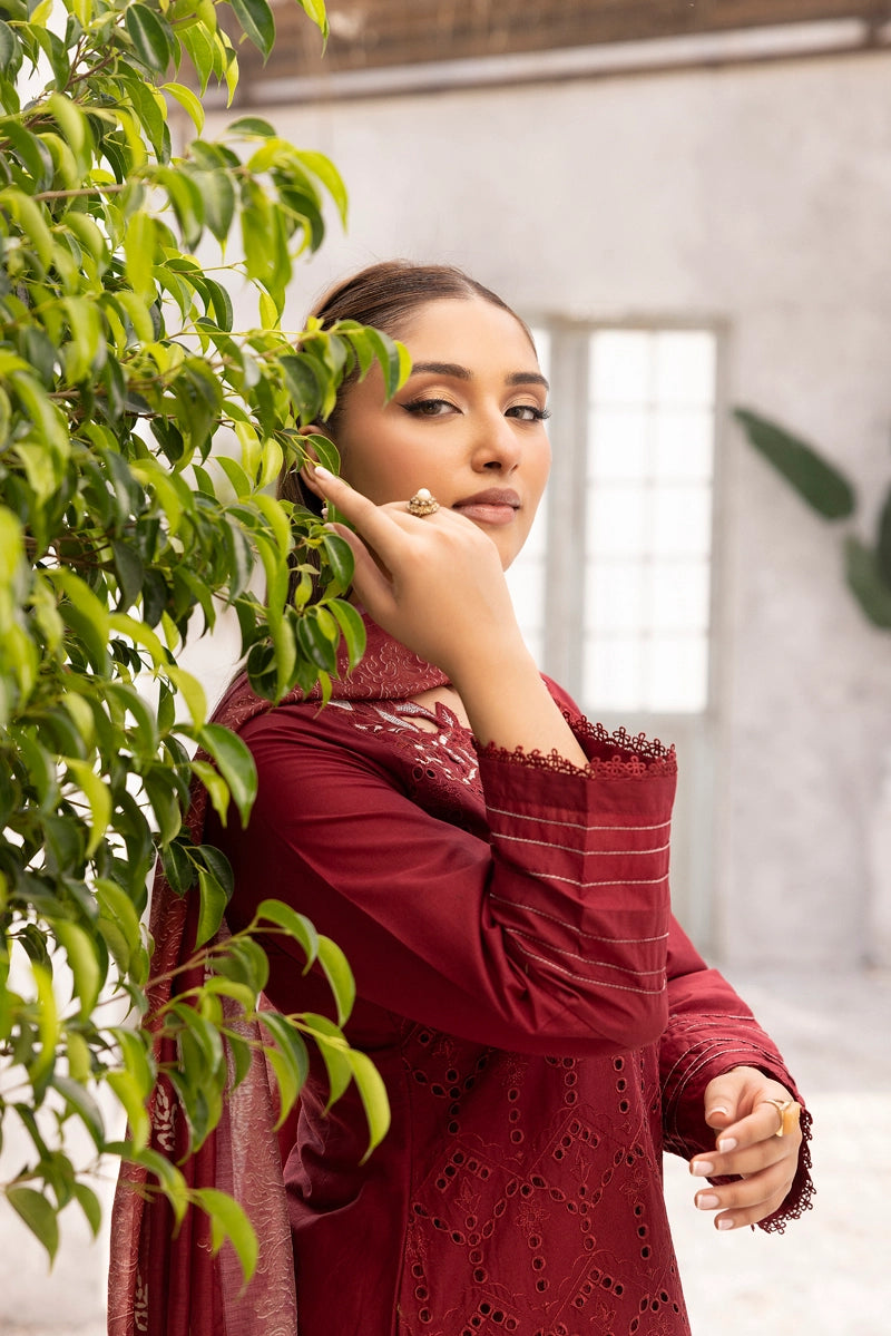 Dania Chikan Kari Luxe 3 Piece Lawn Palazzo Outfit Maroon - Desi Posh