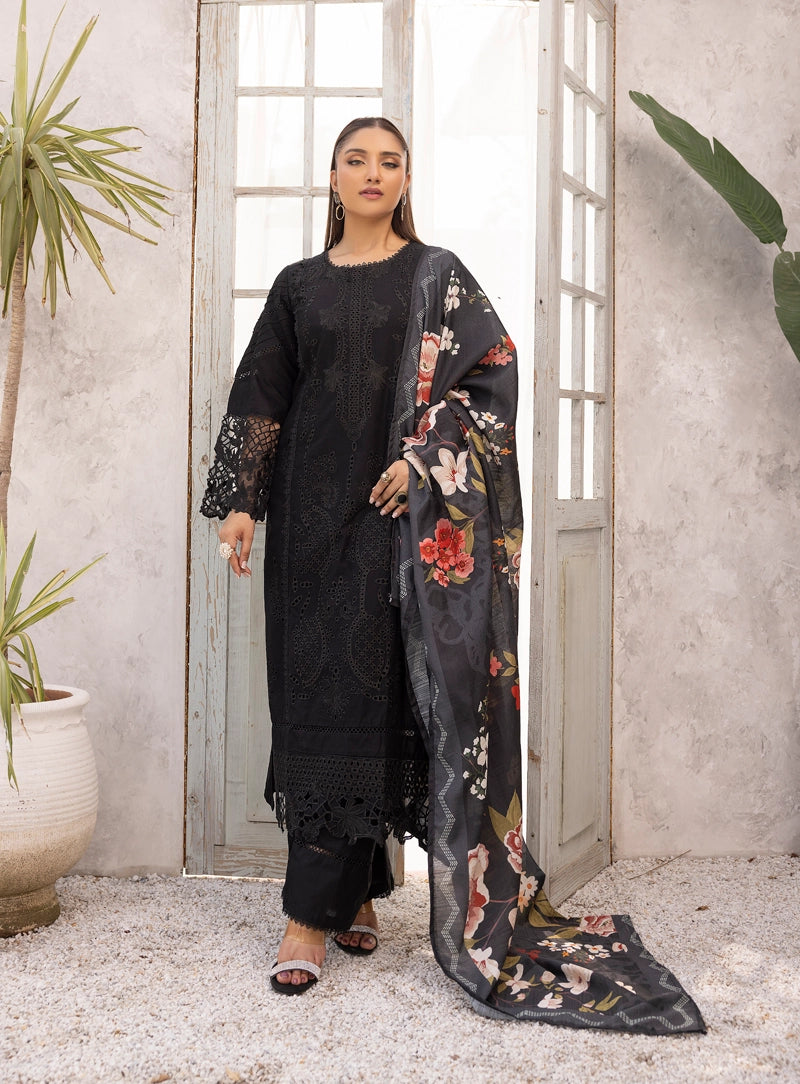 Dania Chikan Kari Luxe 3 Piece Lawn Palazzo Outfit Black - Desi Posh