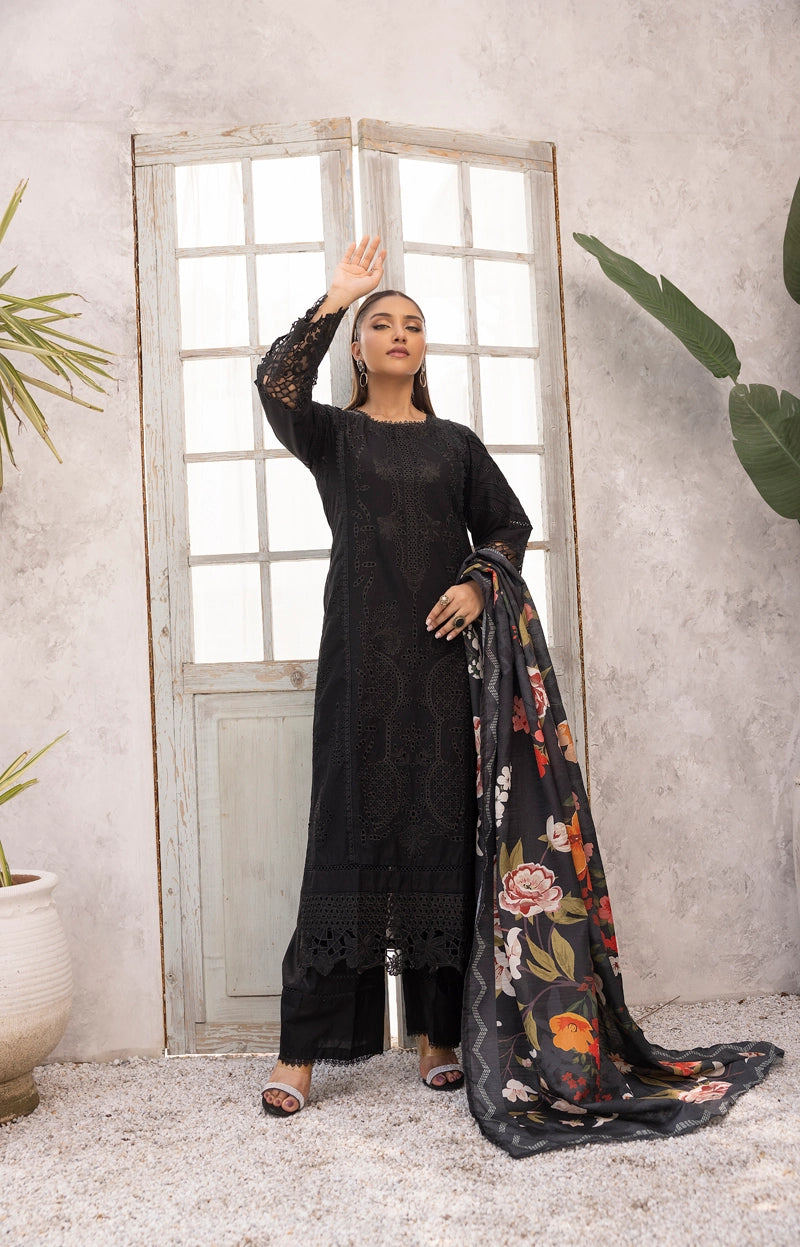 Dania Chikan Kari Luxe 3 Piece Lawn Palazzo Outfit Black - Desi Posh