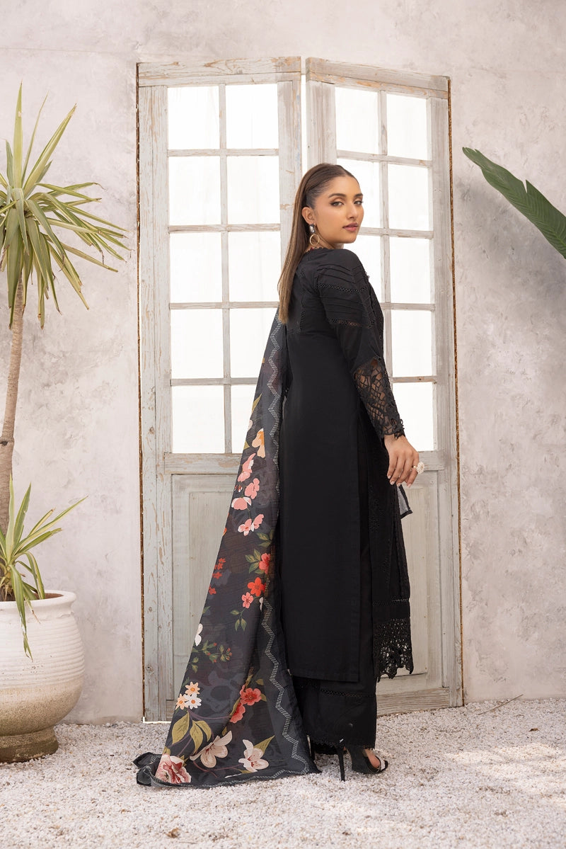Dania Chikan Kari Luxe 3 Piece Lawn Palazzo Outfit Black - Desi Posh