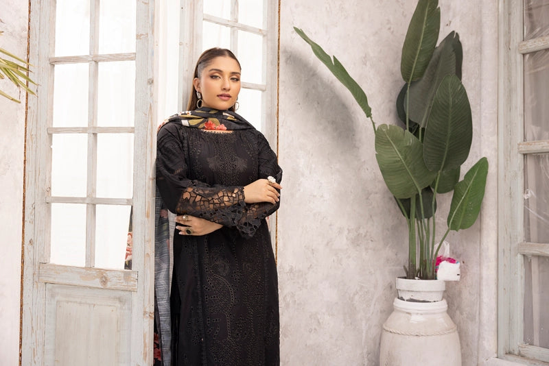 Dania Chikan Kari Luxe 3 Piece Lawn Palazzo Outfit Black - Desi Posh